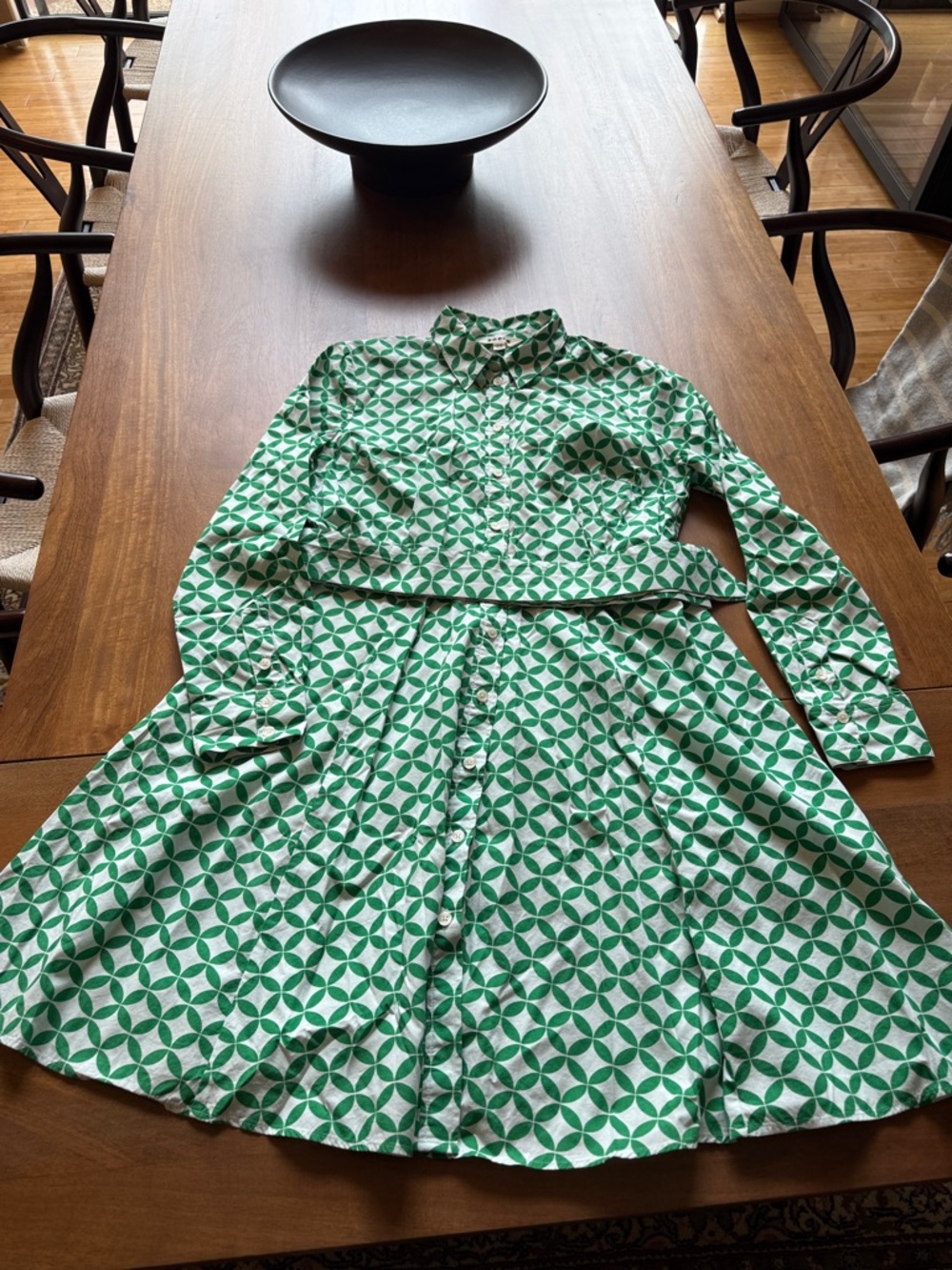 Boden Button-Front Green Diamond Print Amy Cotton Mini Dress with Pockets - Picture 4 of 6